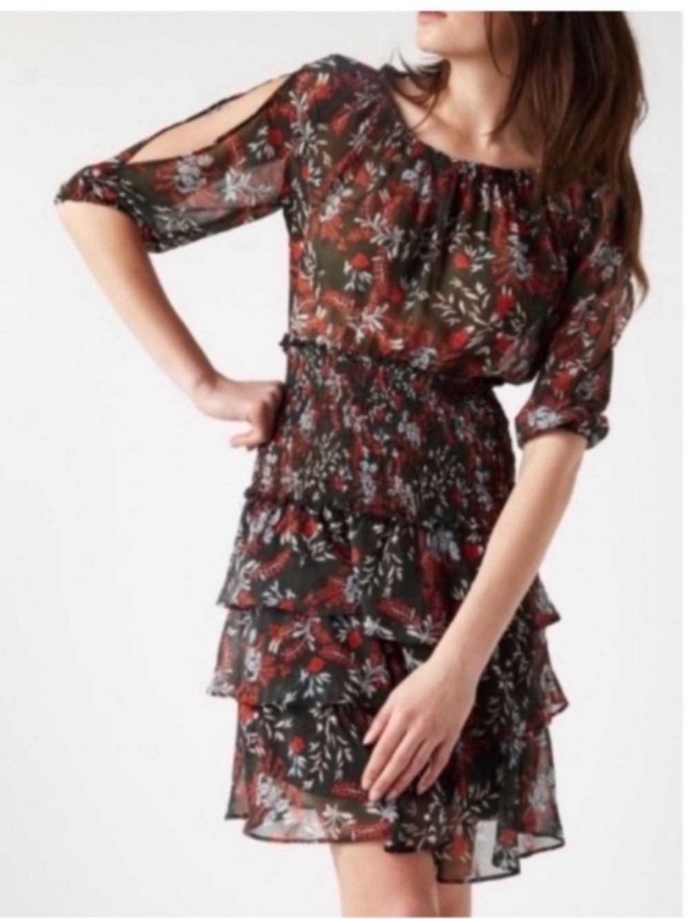 Maje Romeane Floral Sheer Ditzy Smocked Drezs Size 1 Small